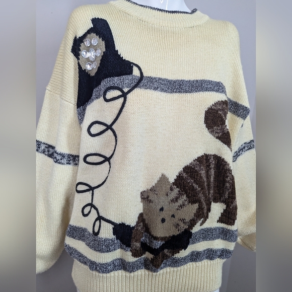 Vintage René Derhy Cat Sweater M Cream Wool Blend Knit 80s 90s France Novelty Ki - Picture 6 of 10